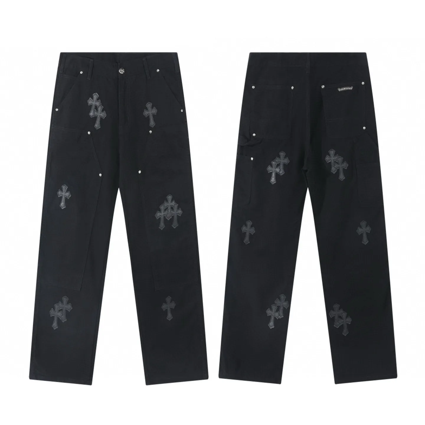P280 💰 (Top version) Chrome hearts Cross patch leather jeans workwear logging pants Chrome hearts logging pants are here! ! ! CH Croix Heart Double Knee Cross Patch Leather Bo1 Style Logging Pants Straight-leg Work Pants B136 Croix Heart Cross Sanskrit Overalls Price 20W level, patchwork cross pattern embellishment, high-waisted washed jeans! ! Absolutely high-end luxury products, 1.9W level god-level single products, super popular products, made by top heavy industry, not to be missed. About Zangyin, this is an extremely luxurious fashion brand, which can also be called the nobles of the high street. It has always been an exclusive brand of some hipsters or rich second generation. Compared with ordinary high streets, it is more luxurious and noble. Compared with luxury brands, it has a more fashionable personality and has always been a brand that I have a special liking for. Imported yarn is custom-woven into a high-density twill canvas, which ensures a crisp silhouette while also making the fabric feel very delicate. It follows the B01 classic silhouette, with a crisp and stylish upper body. The ready-made garments are stone-ground and fermented, so they can be matched with any style. Buttons and zinc-drawn washables are genuine YKK retro metal products. Double-layered canvas on the front. Perfect details. All hardware is perfect. Size: S-XXL Color: Black